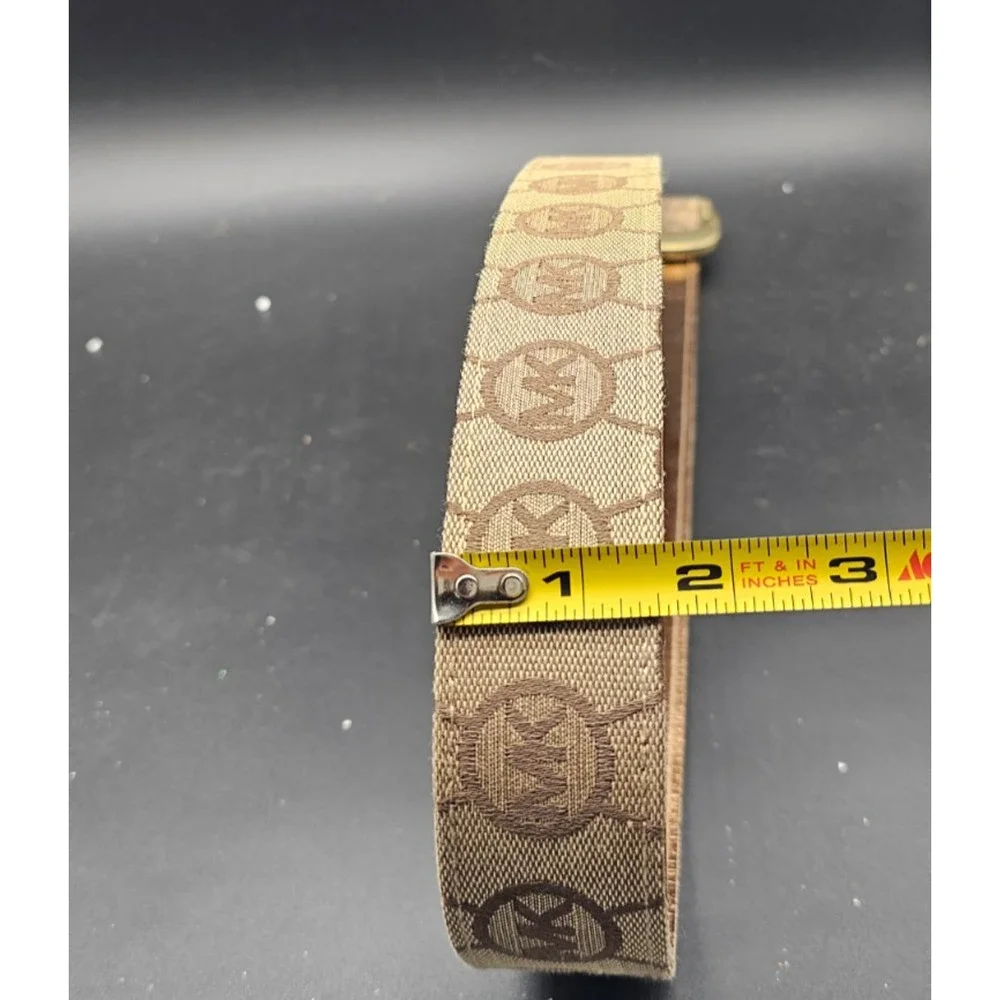 Michael Kors Signature Monogram Logo Canvas Leather Belt Gold Buckle Size L